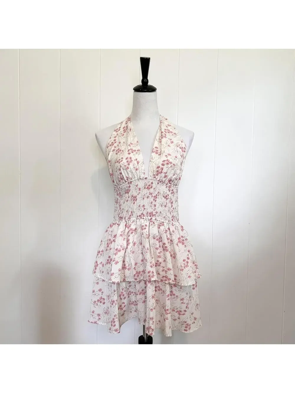 Unbranded Pink Daisy Floral Smocked Ruffle Halter Mini Dress Women's Small - Picture 1 of 3